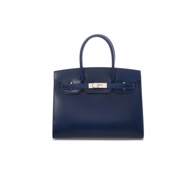 HERMES MASTER BIRKIN 30 BOX LEATHER SAPPHIRE BLUE SILVER BUCKLE H029283CK81 (30*23*15cm)
